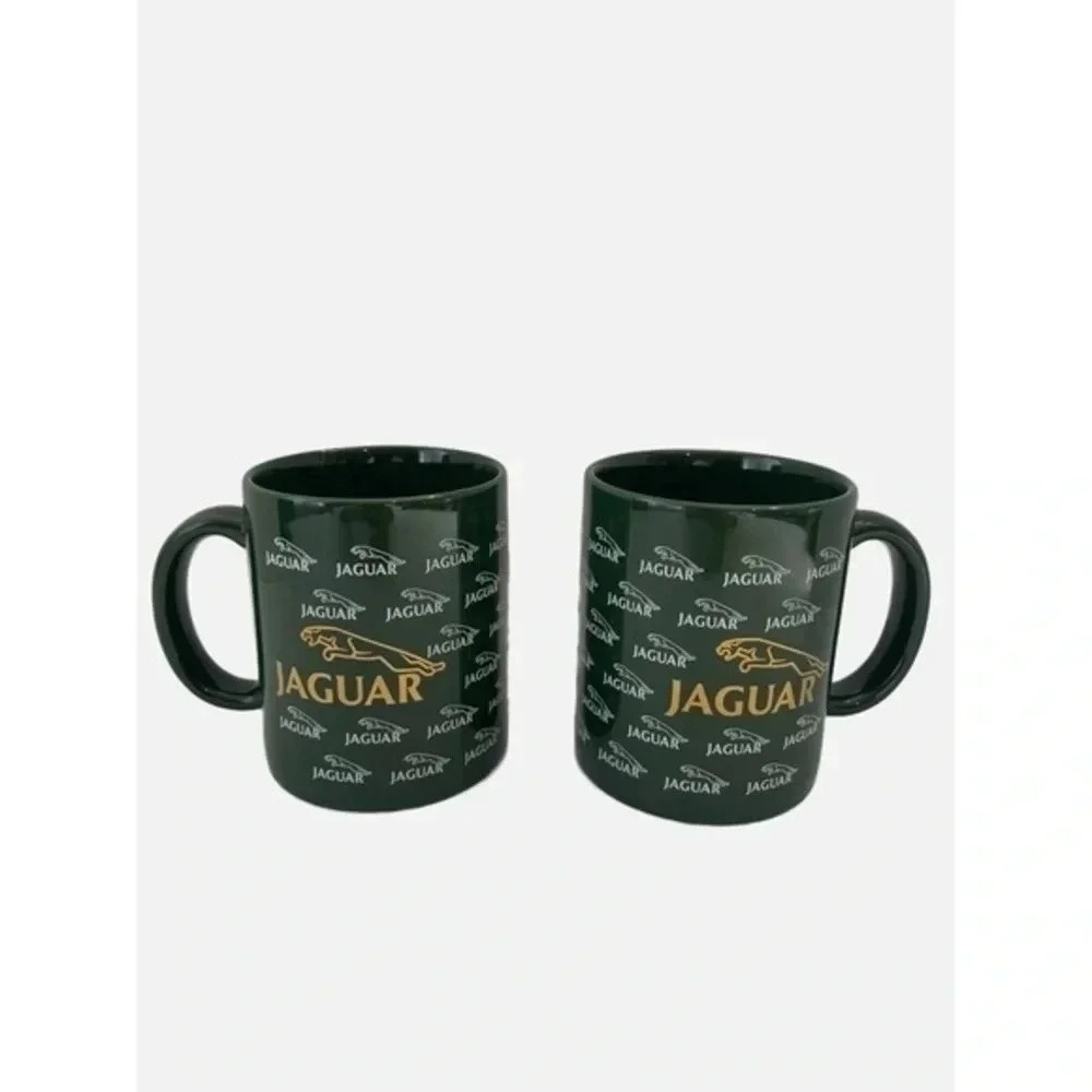 Set of 2 Jaguar Automotive Logo Coffee‎ Mugs Green/Gold Made in the USA